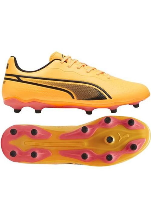 Buty piłkarskie męskie Puma King Match. Zapięcie: sznurówki. Kolor: czarny, pomarańczowy, wielokolorowy. Materiał: syntetyk, materiał. Szerokość cholewki: normalna. Sport: piłka nożna