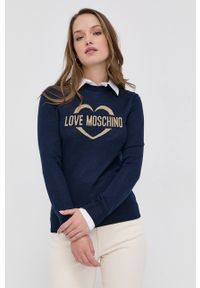 Love Moschino Sweter wełniany damski kolor granatowy. Okazja: na co dzień. Kolor: niebieski. Materiał: wełna. Styl: casual