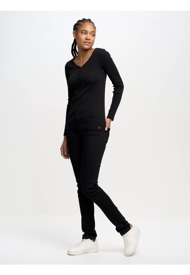 Big-Star - Bluzka damska z prążkowanej dzianiny czarna Nathalie 906. Kolor: czarny. Materiał: dzianina, prążkowany. Długość rękawa: długi rękaw. Długość: długie. Wzór: aplikacja. Styl: elegancki