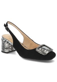 Czółenka damskie S.Barski, ze skóry naturalnej zamszowej odkryta pięta pasek z regulacją ozdobna klamra stabilny obcas elegancki styl, czarne, LZ61-2. Okazja: na spotkanie biznesowe. Zapięcie: klamry. Kolor: czarny. Materiał: skóra, zamsz. Szerokość cholewki: normalna. Obcas: na obcasie. Styl: elegancki. Wysokość obcasa: średni #1