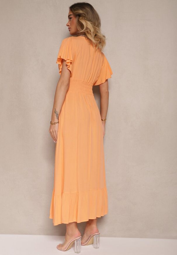 Renee - Pomarańczowa Rozkloszowana Sukienka z Wiskozy z Kopertowym Dekoltem Rellrive. Okazja: na co dzień. Kolor: pomarańczowy. Materiał: wiskoza. Długość rękawa: krótki rękaw. Typ sukienki: kopertowe. Styl: klasyczny, casual