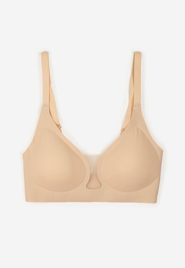 Born2be - Beżowy Biustonosz z Ozdobnym Wycięciem Ezirelle. Kolor: beżowy. Materiał: jeans. Rodzaj stanika: wyciągane miseczki. Wzór: gładki