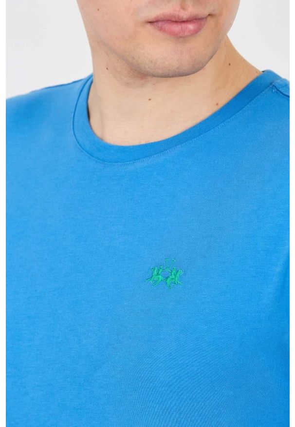 La Martina - LA MARTINA Błękitny męski t-shirt z małym logo, Rozmiar L. Kolor: niebieski