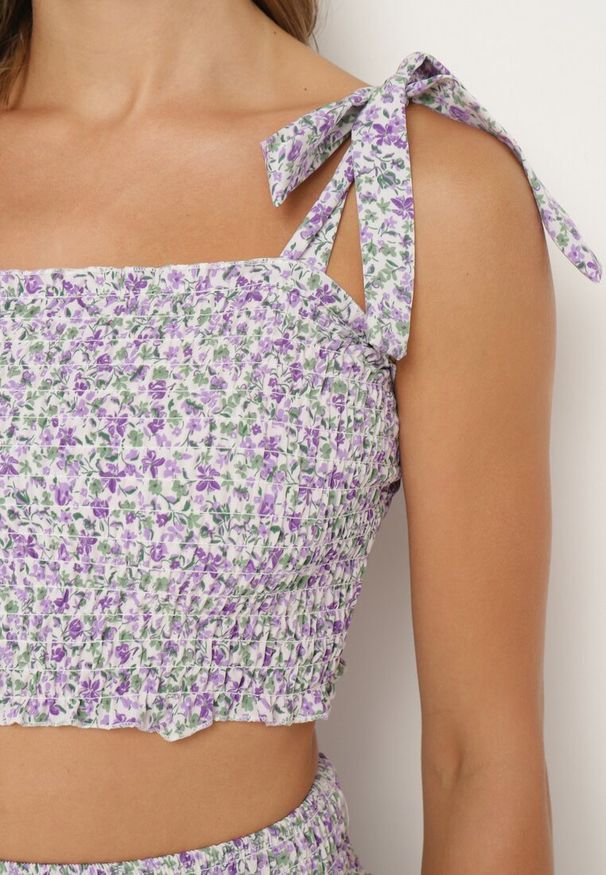 Born2be - Fioletowy Komplet Krótki Top na Ramiączkach z Marszczeniem Spódnica z Gumką w Talii Tessora. Kolor: fioletowy. Materiał: jeans, materiał