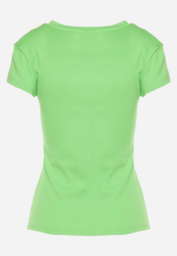 Born2be - Jasnozielony Bawełniany T-shirt Koszulka z Krótkim Rękawem z Napami przy Dekolcie Fiasta. Okazja: na co dzień, na spotkanie biznesowe, do pracy. Typ kołnierza: dekolt w kształcie V. Kolor: zielony. Materiał: bawełna. Długość rękawa: krótki rękaw. Długość: krótkie. Styl: biznesowy, elegancki, casual