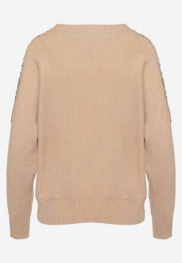 Born2be - Ciemnobeżowy Sweter w Stylu Nietoperza z Cyrkoniami i Cekinami Nevalithia. Okazja: na co dzień. Kolor: beżowy. Styl: wizytowy, casual