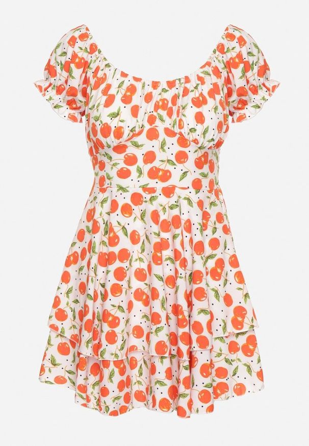 Born2be - Biała Rozkloszowana Sukienka z Bawełną z Motywem Wiśni Lunadessa. Okazja: na imprezę, na co dzień. Kolor: biały. Materiał: bawełna. Sezon: lato. Typ sukienki: proste. Styl: elegancki, casual, klasyczny