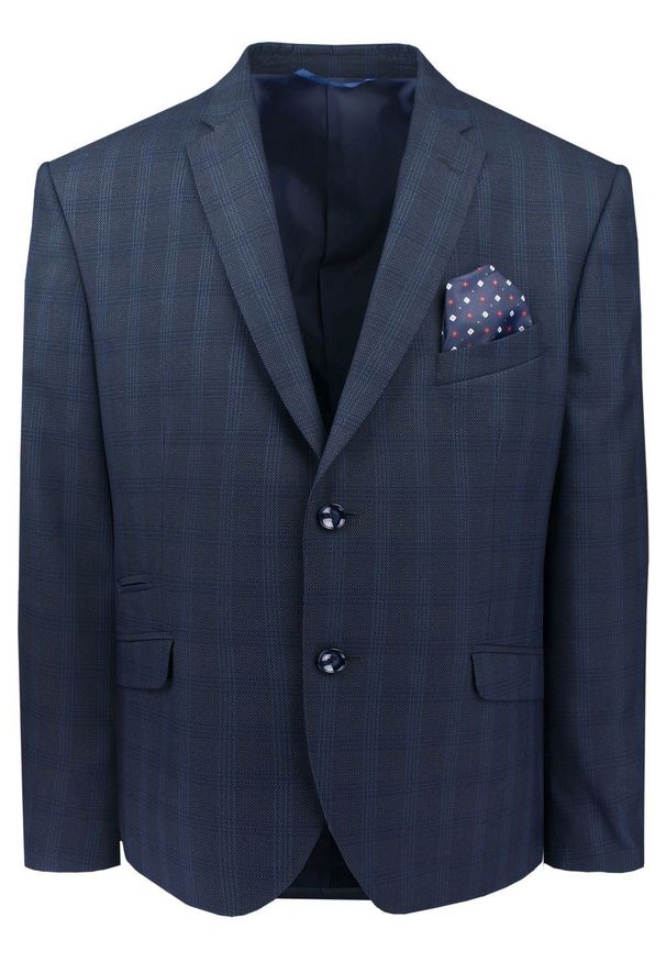 Taliowana, Elegancka Marynarka Męska - Casino - Granat, Delikatna Kratka. Kolor: niebieski. Materiał: poliester, wiskoza. Wzór: kratka. Styl: elegancki