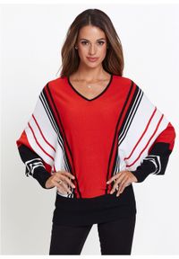 Sweter bonprix truskawkowo-czarno-biały w paski. Typ kołnierza: dekolt w serek. Kolor: czerwony. Wzór: paski. Styl: elegancki #2