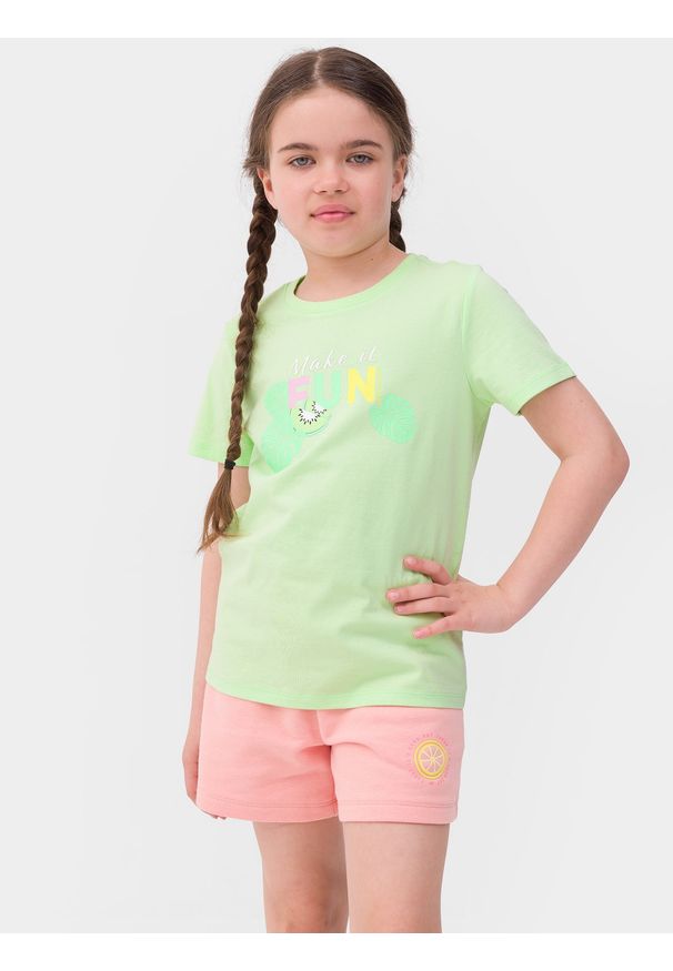 4f - T-shirt z nadrukiem dziewczęcy. Kolor: zielony. Materiał: bawełna. Wzór: nadruk