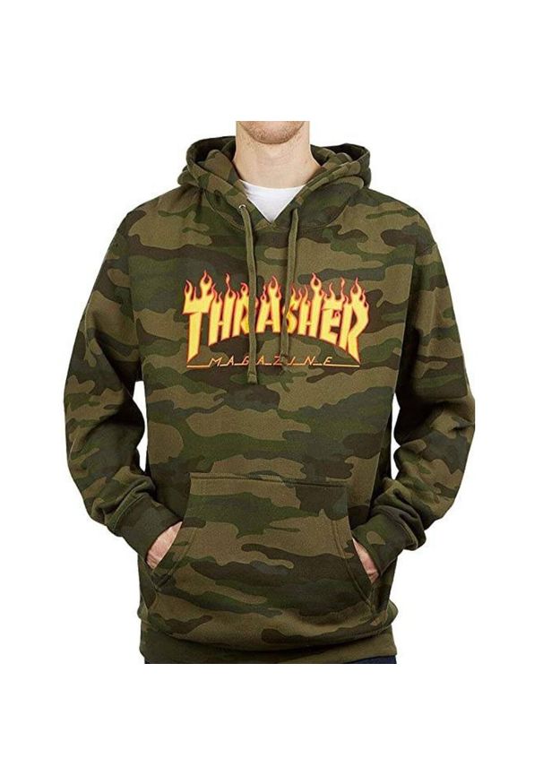 Bluza z kapturem Thrasher Flame Logo Hoodie Camo. Typ kołnierza: kaptur. Kolor: zielony. Sport: koszykówka