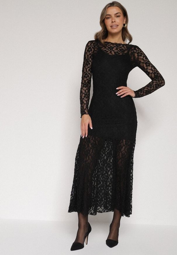 Born2be - Czarna Koronkowa Sukienka Taliowana z Odkrytymi Plecami Talifera. Kolor: czarny. Materiał: koronka. Długość rękawa: na ramiączkach. Wzór: koronka. Styl: klasyczny, elegancki