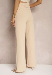 Renee - Beżowe Eleganckie Spodnie High Waist o Szerokim Kroju z Wiskozą i Rozcięciami Yurlea. Okazja: do pracy, na spotkanie biznesowe. Stan: podwyższony. Kolor: beżowy. Materiał: wiskoza. Styl: elegancki