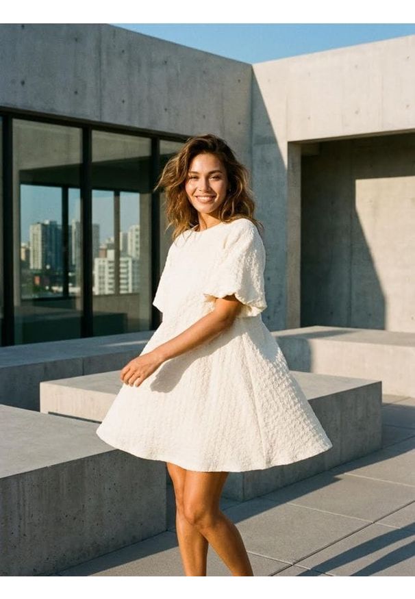 Sinsay - Sukienka mini z bufiastym rękawem - kremowy. Kolor: kremowy. Długość: mini