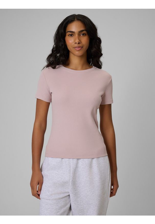 4f - 4F T-shirt slim prążkowany damski - różowy XS. Okazja: na co dzień. Kolor: różowy. Materiał: prążkowany. Styl: casual, klasyczny