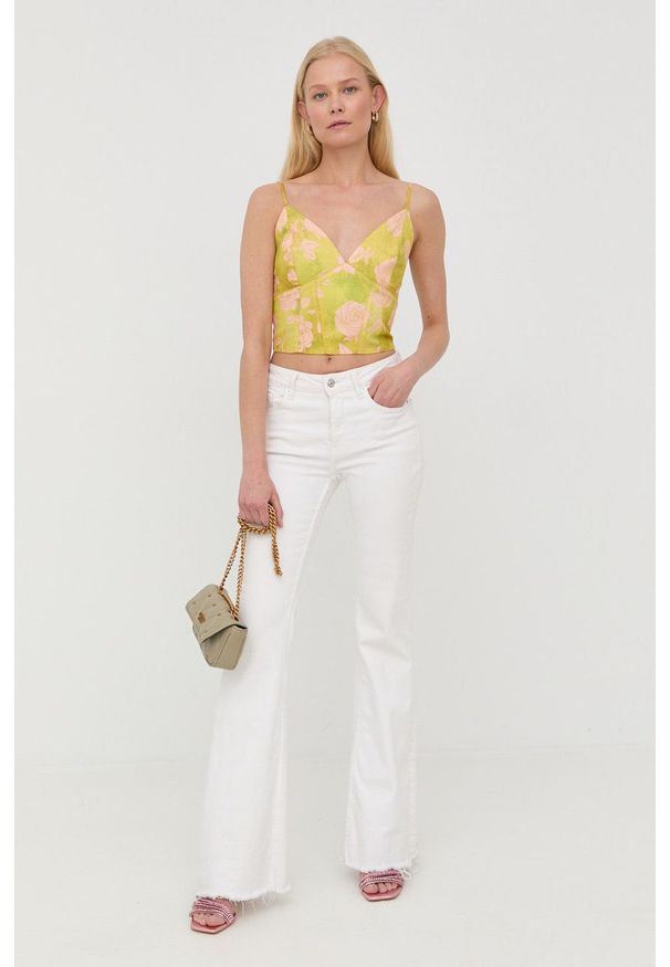 Marciano Guess top z domieszką lnu kolor zielony. Kolor: zielony. Materiał: len. Długość rękawa: na ramiączkach. Długość: krótkie