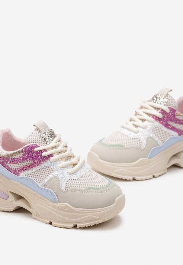 Renee - Beżowo-Różowe Sneakersy na Grubej Podeszwie z Siateczką i Błyszczącymi Detalami Xernnia. Nosek buta: okrągły. Zapięcie: sznurówki. Kolor: beżowy. Materiał: materiał. Obcas: na obcasie. Wysokość obcasa: niski