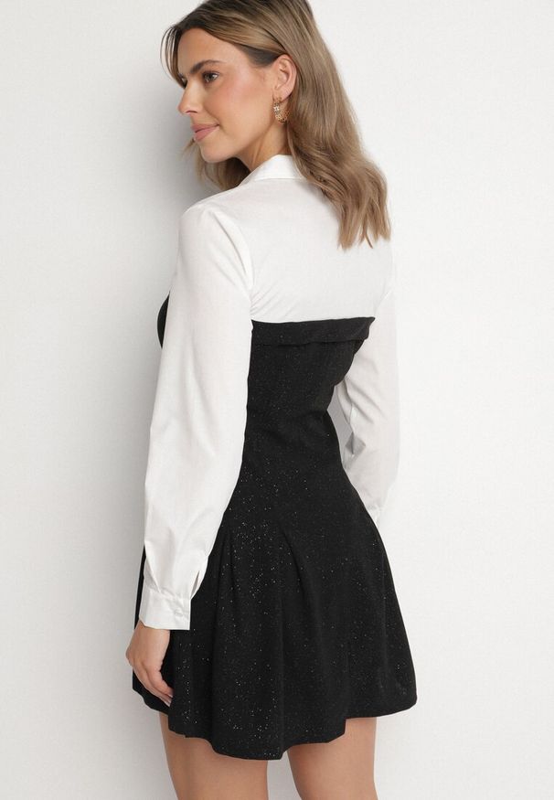 Born2be - Czarna Elegancka Sukienka o Koszulowym Kroju z Krawatem Imitacją Kieszeni i Brokatem Enarin. Okazja: do pracy. Kolor: czarny. Materiał: skóra. Wzór: aplikacja. Typ sukienki: koszulowe. Styl: elegancki