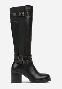 Born2be - Czarne Kozaki na Słupku Zdobione Paskami z Klamrami i Elastyczną Wstawką Unelisa. Okazja: do pracy, na co dzień, na spotkanie biznesowe. Zapięcie: klamry. Kolor: czarny. Materiał: jeans. Wzór: aplikacja. Obcas: na słupku. Styl: casual, elegancki, biznesowy. Wysokość obcasa: średni #6