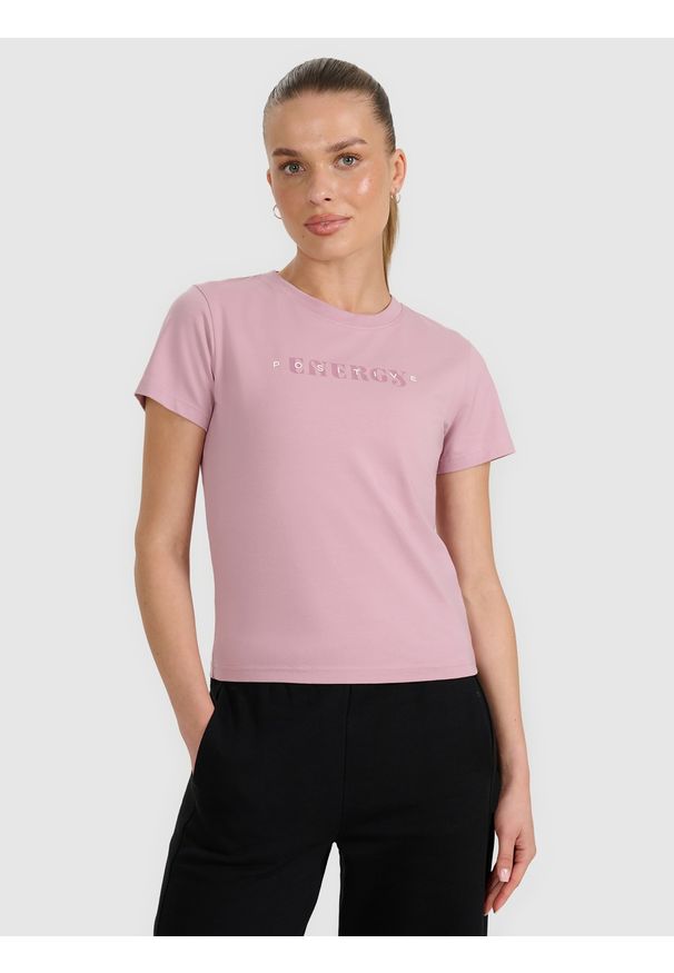 4f - 4F T-shirt slim z nadrukiem damski - różowy M. Okazja: na co dzień. Kolor: różowy. Materiał: jersey, bawełna, elastan, materiał. Długość rękawa: raglanowy rękaw. Wzór: nadruk. Styl: casual, klasyczny, sportowy