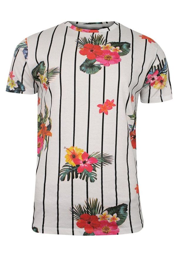 Biały Bawełniany T-Shirt Męski -Brave Soul- Koszulka, Krótki Rękaw, w Czarne Paski, Kolorowe Kwiaty. Okazja: na co dzień. Kolor: wielokolorowy. Materiał: bawełna. Długość rękawa: krótki rękaw. Długość: krótkie. Wzór: kwiaty. Sezon: lato, wiosna. Styl: casual