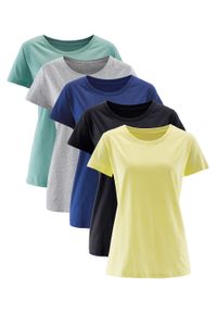 Shirt z okrągłym dekoltem (5 szt.), krótki rękaw bonprix jasna limonka + zielony szałwiowy + kobaltowy + jasnoszary melanż + czarny. Kolor: żółty. Materiał: jersey. Długość rękawa: krótki rękaw. Długość: krótkie. Wzór: melanż #1