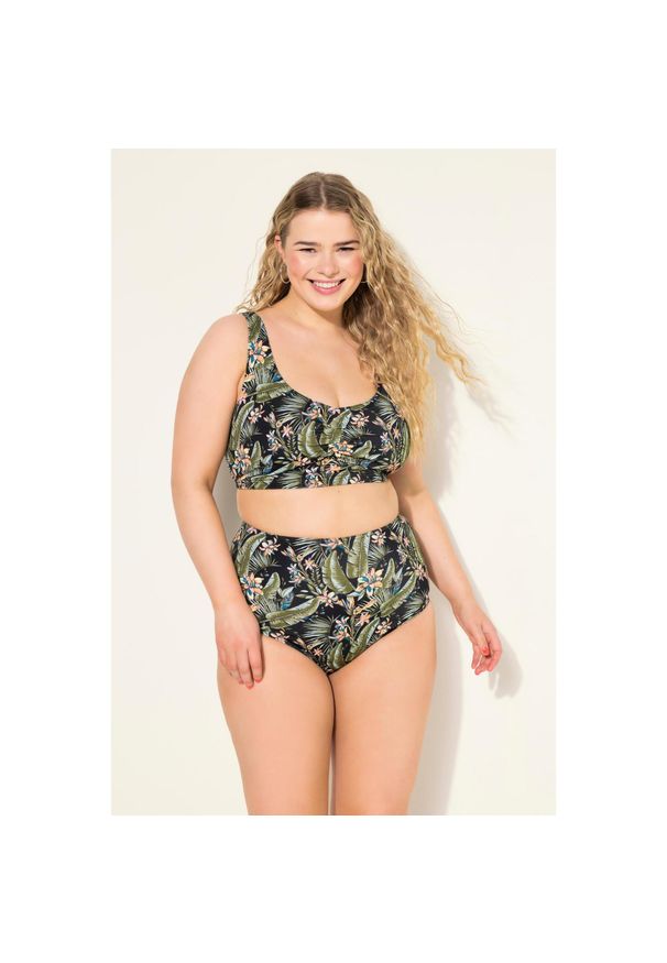 ULLA POPKEN - Damskie Slipy bikini wysoki stan styl fig nadruk tropikalny. Stan: podwyższony. Kolekcja: plus size. Kolor: czarny. Materiał: poliester, elastan, poliamid, materiał. Wzór: nadruk