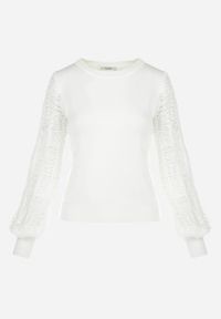 Born2be - Biały Sweter z Bufiastym Ażurowym Rękawem Cayemi. Kolor: biały. Materiał: materiał. Wzór: ażurowy. Sezon: zima #5