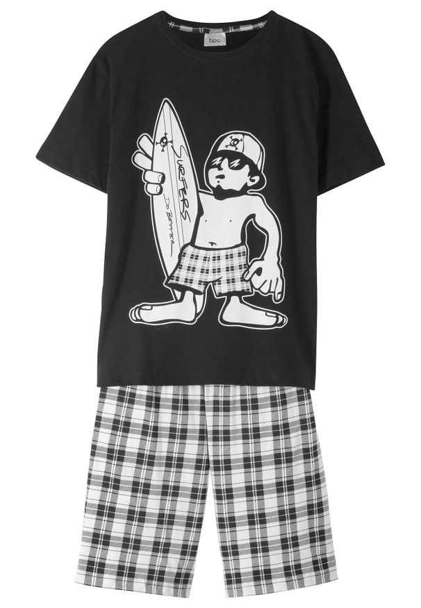 bonprix - Bawełniana piżama chłopięca z krótkimi spodniami (2 cz.). Kolor: czarny. Materiał: dzianina, bawełna. Długość: krótkie. Wzór: nadruk