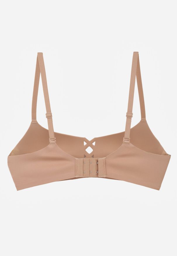 Born2be - Ciemnobeżowy Gładki Biustonosz z Ozdobną Imitacją Sznurowania Azivene. Kolor: beżowy. Wzór: gładki