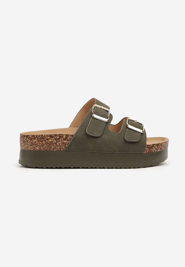 Born2be - Zielone Klapki na Grubej Podeszwie z Dwoma Paskami Dolarielle. Okazja: na co dzień. Kolor: zielony. Materiał: jeans. Wzór: paski. Sezon: lato. Styl: klasyczny, casual