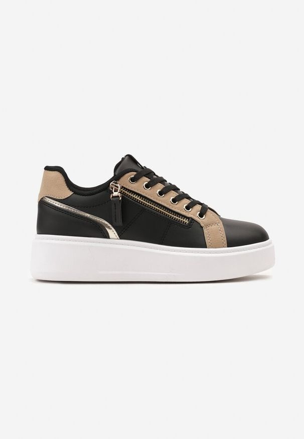 Born2be - Czarne Sneakersy na Platformie Ozdobione Suwakami Halimedia. Nosek buta: okrągły. Zapięcie: sznurówki. Kolor: czarny. Materiał: materiał. Wzór: aplikacja. Obcas: na platformie. Wysokość obcasa: niski
