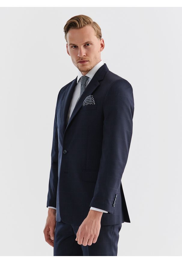 Pako Lorente - PAKO LORENTE – Granatowa wełniana marynarka garniturowa w kratę. Kolor: niebieski. Materiał: wełna. Styl: klasyczny