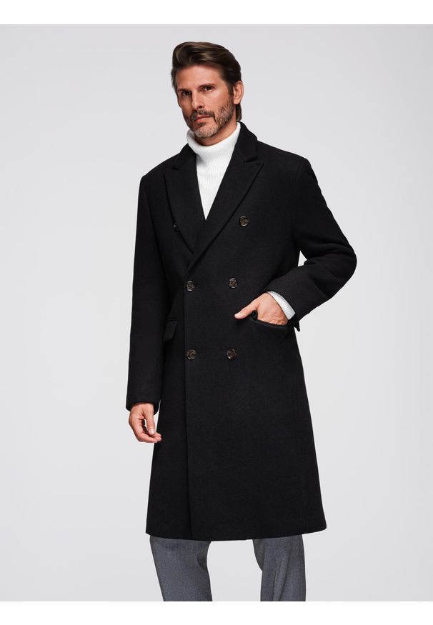 Ombre Clothing - Dwurzędowy płaszcz męski z wełną - czarny V2. Okazja: na co dzień. Kolor: czarny. Materiał: wełna. Wzór: ze splotem. Styl: klasyczny, casual