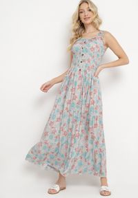 Born2be - Miętowa Rozkloszowana Sukienka Bawełniana w Kwiatowy Print z Guzikami Jamallia. Okazja: na co dzień. Kolor: miętowy. Materiał: bawełna. Wzór: kwiaty, nadruk. Typ sukienki: proste. Styl: klasyczny, casual #1