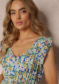 Renee - Zielono-Granatowa Bawełniana Sukienka Mini z Gumką w Talii w Kwiaty Ariellia. Typ kołnierza: kołnierz z falbankami. Kolor: zielony. Materiał: bawełna. Wzór: kwiaty. Sezon: lato, wiosna. Długość: mini #5