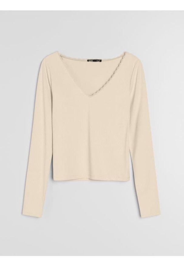 Sinsay - Bluzka z długim rękawem i koronką przy dekolcie - żółty. Kolor: żółty. Materiał: koronka. Długość rękawa: długi rękaw. Długość: długie. Wzór: koronka