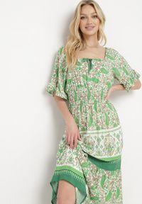 Born2be - Jasnozielona Sukienka z Bawełny Wiązana przy Dekolcie z Gumką w Pasie Adhara. Okazja: na co dzień. Kolor: zielony. Materiał: bawełna. Sezon: lato. Styl: casual #6