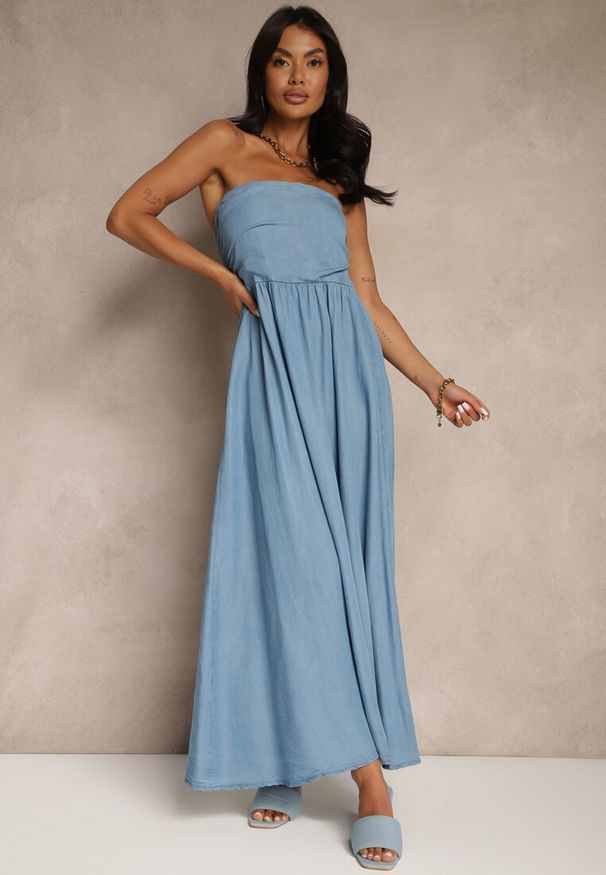 Renee - Granatowa Rozkloszowana Sukienka Bandeau Mavoreine. Okazja: na co dzień, na imprezę, na spacer. Kolor: niebieski. Sezon: lato. Typ sukienki: proste. Styl: elegancki, casual