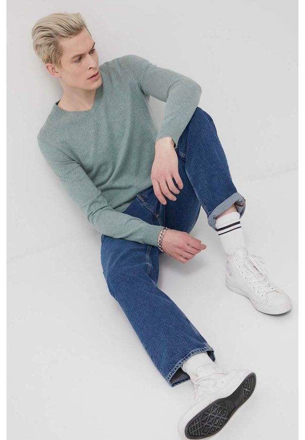 Tom Tailor sweter bawełniany męski kolor turkusowy. Kolor: turkusowy. Materiał: bawełna. Długość rękawa: długi rękaw. Długość: długie