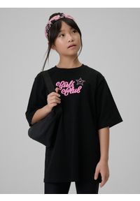 4f - 4F T-shirt loose z nadrukiem dziewczęcy - czarny 146/152 (10-12 lat). Okazja: na co dzień. Kolor: czarny. Materiał: bawełna, dzianina. Wzór: nadruk. Sezon: lato. Styl: casual #2