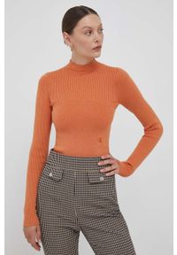 Calvin Klein Jeans sweter damski kolor pomarańczowy lekki z półgolfem. Kolor: pomarańczowy. Materiał: bawełna, dzianina. Długość: krótkie #1