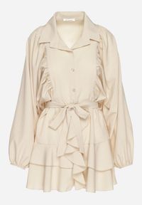 Born2be - Beżowa Sukienka Ozdobiona Paskiem i Falbanami Divilena. Okazja: na co dzień. Kolor: beżowy. Materiał: jeans. Wzór: aplikacja. Styl: casual, elegancki #5