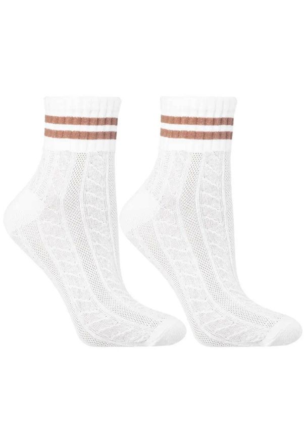 Skarpetki damskie Moraj, wysokie bawełniane z paskami elastyczne i oddychające 3 pary, białe-beżowe-brązowe, CSL200-944. Kolor: beżowy. Materiał: bawełna, materiał. Wzór: ażurowy, aplikacja, ze splotem