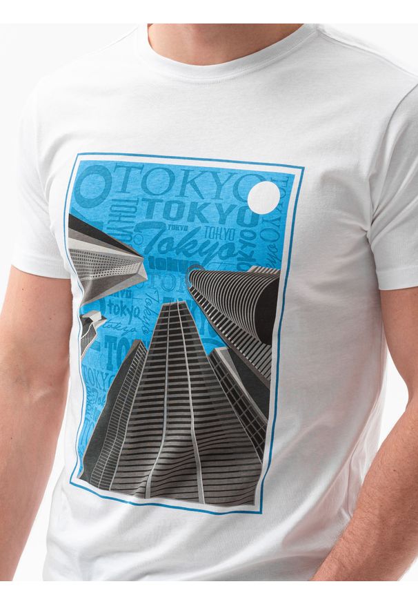 Ombre Clothing - T-shirt męski z nadrukiem S1434 V-5A - biały - XXL. Kolor: biały. Materiał: bawełna. Wzór: nadruk. Styl: klasyczny