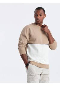 Ombre Clothing - Bluza męska OVERSIZE z kontrastowym łączeniem kolorów - beżowa V2 - Rozmiar: XXL. Okazja: na co dzień. Kolor: beżowy. Materiał: jeans, tkanina, bawełna, poliester. Wzór: aplikacja. Styl: casual, sportowy, elegancki