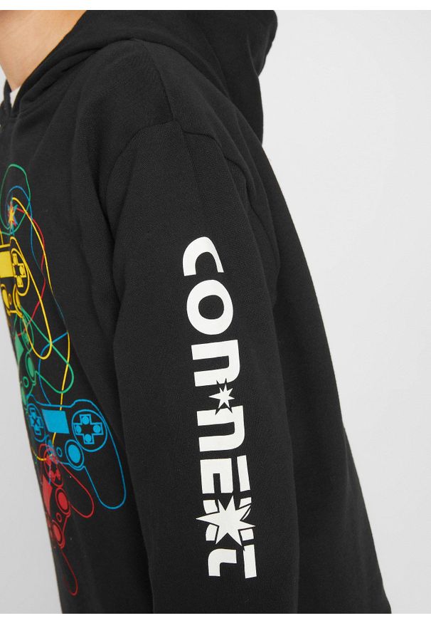 bonprix - Bluza z kapturem z czystej bawełny organicznej. Typ kołnierza: kaptur. Kolor: czarny. Materiał: bawełna. Wzór: nadruk