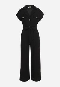 Born2be - Czarny Kombinezon z Krótkim Rękawem i Szerokimi Nogawkami z Materiałowym Paskiem Floeria. Okazja: na co dzień. Kolor: czarny. Materiał: materiał. Długość rękawa: krótki rękaw. Długość: krótkie. Styl: casual, elegancki, wizytowy #2