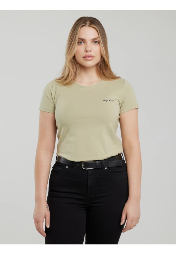 Big-Star - Koszulka damska z niewielkim logo zielona Irsera 300. Kolor: zielony. Materiał: bawełna, jeans. Wzór: haft. Sezon: lato. Styl: wakacyjny