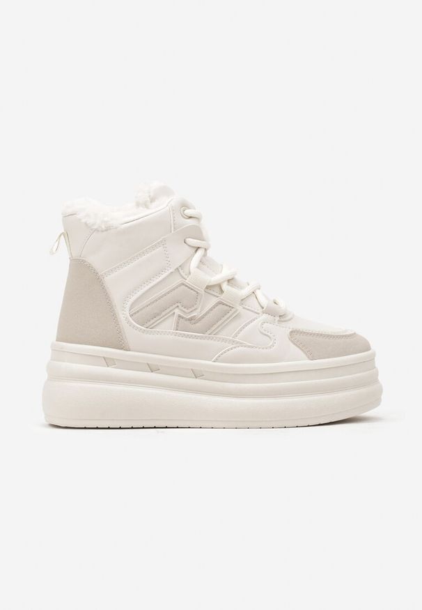 Renee - Beżowe Sznurowane Sneakersy na Tłoczonej Platformie Ozdobione z Boku Aplikacją Neathalie. Okazja: na co dzień. Nosek buta: okrągły. Zapięcie: zamek, sznurówki. Kolor: beżowy. Wzór: aplikacja. Materiał: jeans, futro. Sezon: zima. Obcas: na platformie. Wysokość obcasa: niski, średni